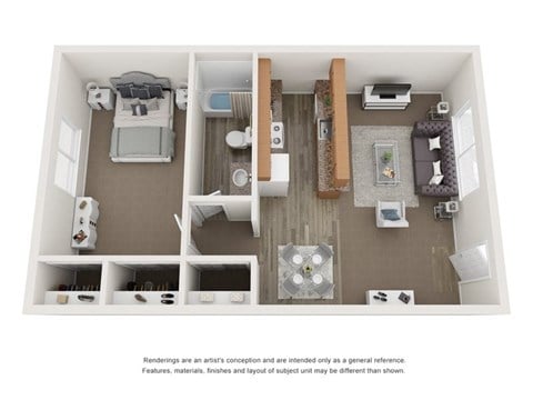 Floor plan for 1 bed, 1 bath, 608 sqft